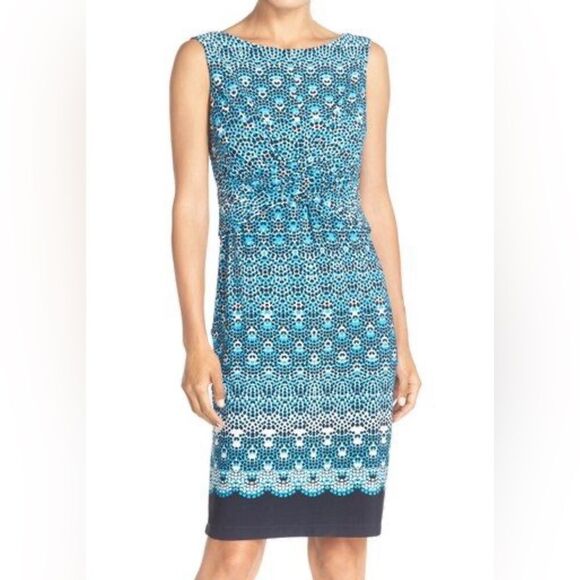 Donna Morgan black blue and white twist front shift dress size 14 - Picture 1 of 7
